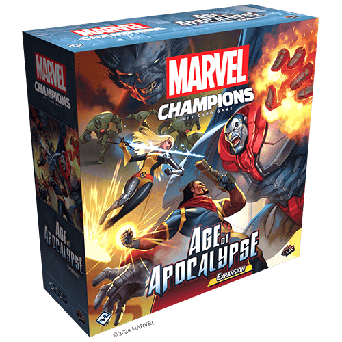 Box of "Marvel Champions: Age of Apocalypse" campaign card game expansion. The cover showcases superheroes in dynamic poses against a fiery backdrop, with a large armored figure. The iconic Marvel logo is prominently displayed at the top, capturing the thrilling essence of this epic adventure.