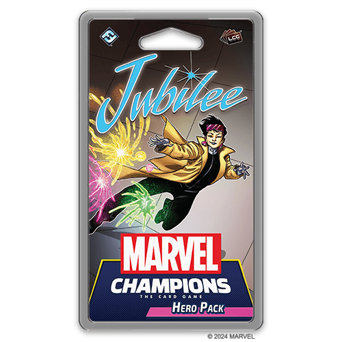 Packaging for the Marvel Champions Jubilee Hero Pack by Fantasy Flight Games features Jubilee in action with colorful energy bursts around her. The Marvel logo is prominently displayed, capturing the essence of this thrilling expansion.