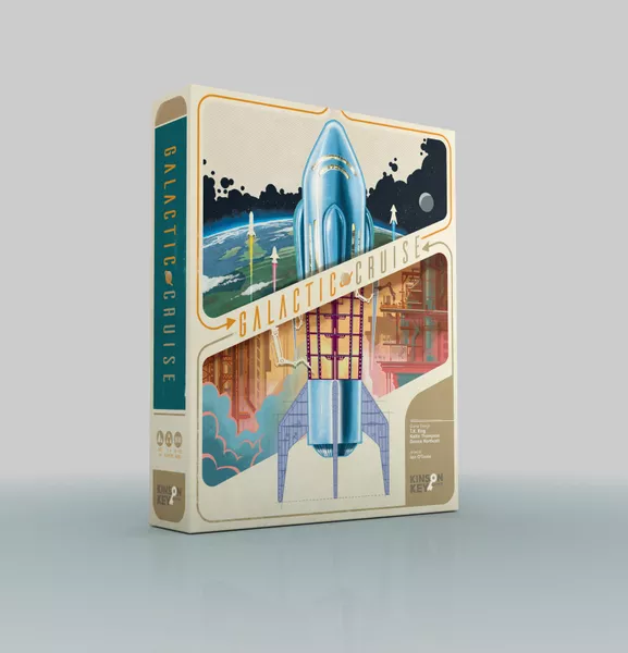 Image of the "Galactic Cruise" board game box, a centerpiece of an exciting Kickstarter Campaign. It features a stylized blue rocket launching into space against a backdrop of a futuristic cityscape and stars, as the project reaches for its funding goal. The box stands upright on a plain surface.
