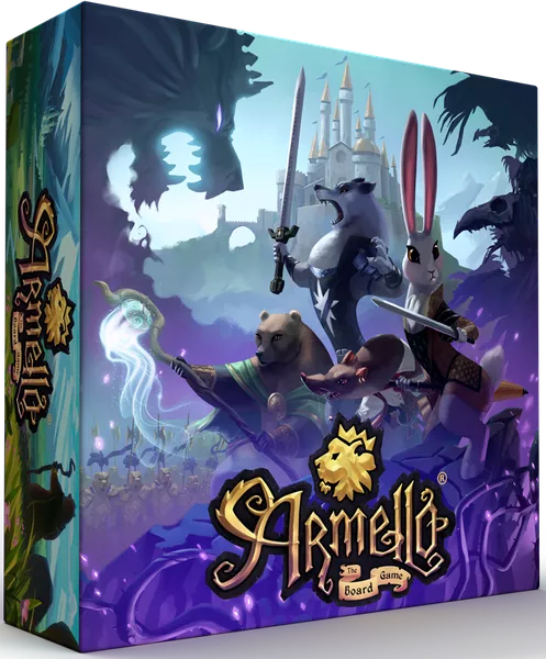 Box art for "Armello: The Board Game" showcases a fantasy scene where a rabbit warrior, bear mage, and rat rogue stand resolute before a castle. Magical and mystical elements swirl around them, capturing the essence of the Kickstarter-backed journey into Armello's enchanting world.