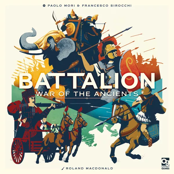 Illustrated cover of the board game "Battalion: War of the Ancients," set for an Autumn 2024 release, featuring warriors on horseback and an elephant in armor. The artwork depicts a historical battle scene with colorful, dynamic imagery and stylized text.