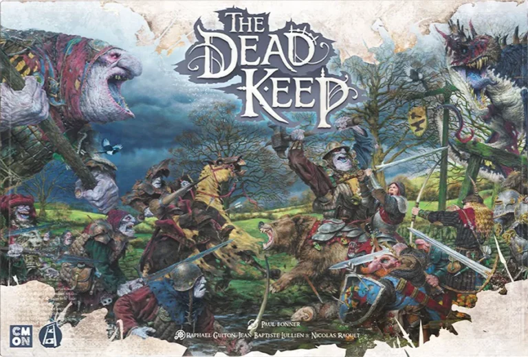 Fantasy artwork of "The Dead Keep" board game cover, available on Gamefound, features comical medieval creatures like frogs and boars in armor. They are engaged in a vibrant, chaotic battle filled with whimsical, fantastical elements ideal for pre-orders.