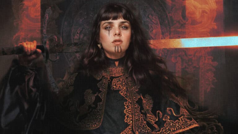 In a dark fantasy setting reminiscent of a ZWEIHANDER Reforged tale, a woman with long dark hair holds a glowing sword. Draped in an ornate cloak with gold embroidery, her serious expression is marked by painted symbols, framed by a background of fiery patterns.