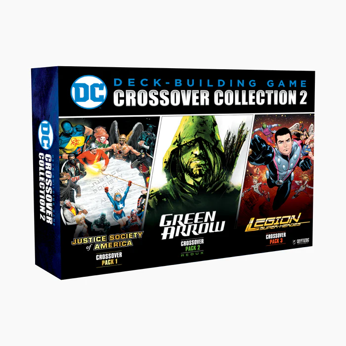 Pre-Order the DC Deck-Building Game's Crossover Collection 2, boasting vibrant art from Justice Society of America, Green Arrow, and Legion of Super-Heroes. Each set is brought to life with dynamic comic-style illustrations on this exciting game box.