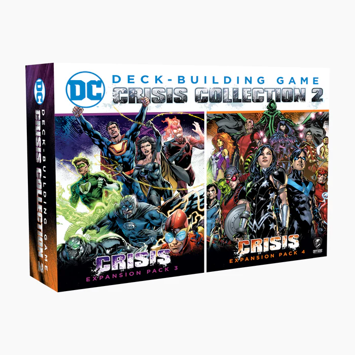 The box cover for "DC Deck-Building Game: Crisis Collection 2" by Cryptozoic Entertainment features a vibrant clash of comic book superheroes and villains in dynamic poses. Text highlights "Crisis Expansion Pack 3" and "Crisis Expansion Pack 4," capturing the thrilling essence of the game.
