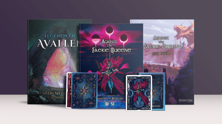 Explore the tabletop role-playing realm with our inviting display featuring a "Legends of Avallen" guidebook and two captivating "Against the Faerie Queene" books. Pre-order now through Modiphius Entertainment and get enchanted by the mystical design playing cards.