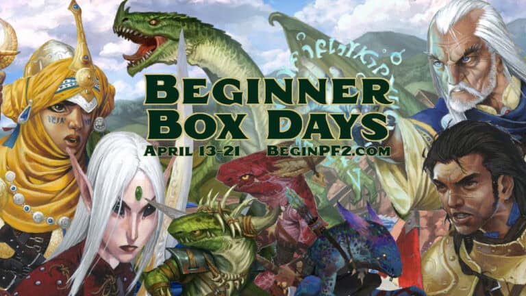 A colorful fantasy-themed illustration featuring diverse characters, including elves and dragons, surrounds the text "Beginner Box Days, April 13-21, BeginPF2.com." Perfect for new players exploring Pathfinder, the background includes a cloudy sky and mystical runes.