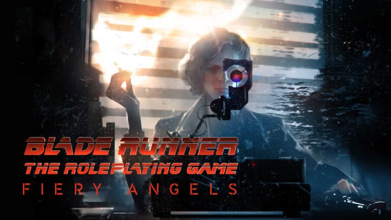 Cover art for "Blade Runner: The Roleplaying Game - Fiery Angels" by Free League Publishing features a silhouette gripping a glowing object, set against futuristic visuals and cityscape. Bold red text showcases the Blade Runner RPG title.