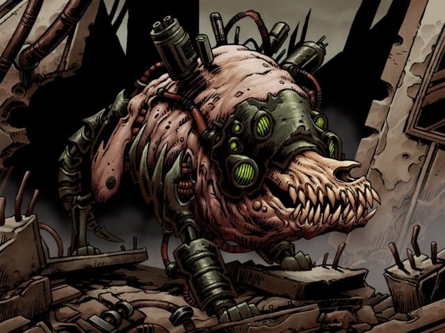 From the ruins of a lost world, a mechanical beast with exposed flesh and multiple green glowing eyes emerges. Its skeletal face and robotic elements give it a sinister, futuristic appearance, akin to a maggot machine slithering through an RPG's post-apocalyptic setting.