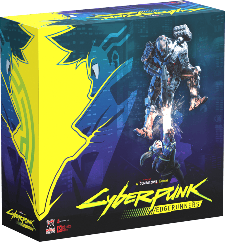 The box cover of the game "Cyberpunk Edgerunners" showcases futuristic artwork. A large, armored character stands in a Combat Zone, wielding a glowing sword, and facing a smaller figure below. Neon graphics fill the background, with a striking yellow logo on the left side.