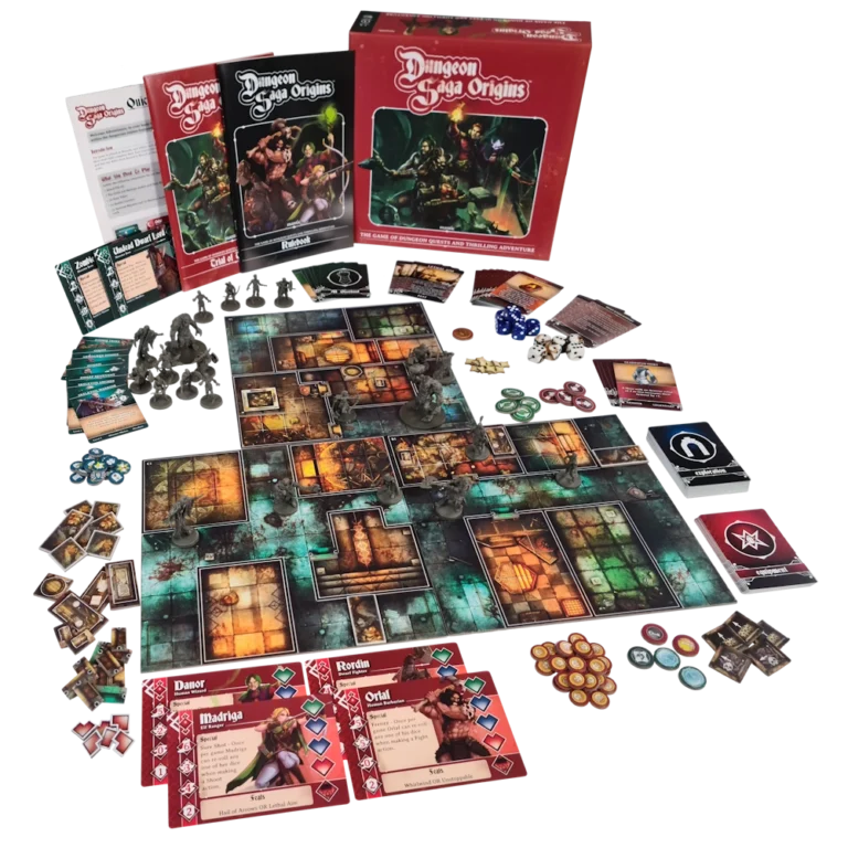 A tabletop game setup with intricately detailed boards, cards, dice, and miniatures showcases the "Dungeon Saga Origins" box. Set to release on May 20, it features fantasy-themed artwork and characters. Tokens and cards are spread out across the table.
