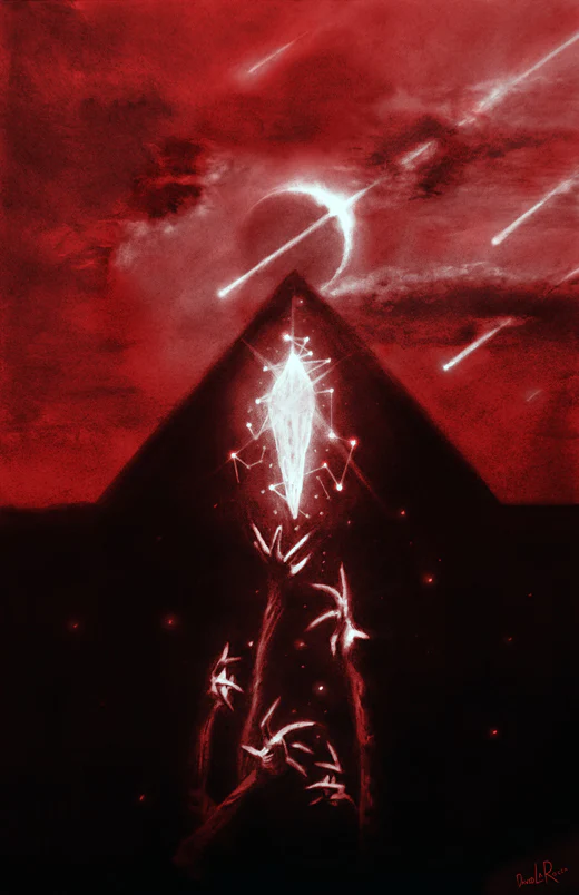 A surreal red-hued artwork depicts a pyramid beneath a crescent moon in a dramatic sky, reminiscent of the enigmatic worlds in the NOCTURNUS RPG. A central glowing crystal shape with surrounding light trails and abstract, finger-like forms create a mystical atmosphere.