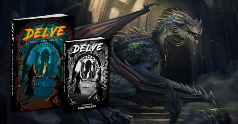 In a dramatic scene, two "Delve" books, one colorful and one in black and white, stand at the forefront of a Kickstarter campaign. Behind them looms a large, menacing dragon roaring in a dark, gothic setting. Lighting captures the creature and stone architecture's grandeur.
