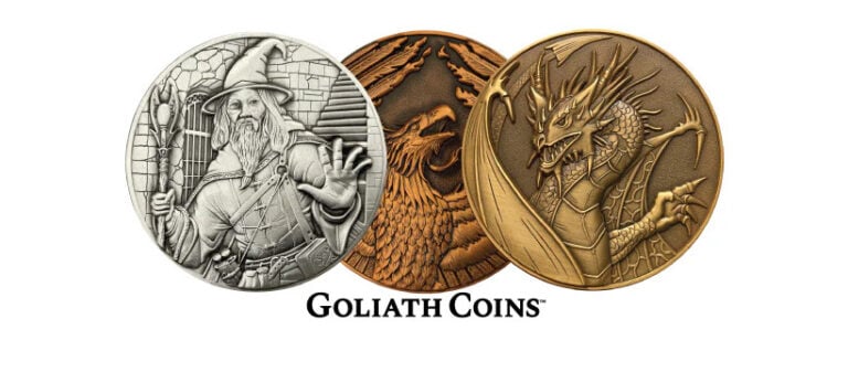 Three intricately designed collector's coins are displayed. The first features a wizard, the second an eagle in flight, and the third a dragon. Below these captivating Goliath Coins is the text "Goliath Coins," perfect for fans of Pathfinder characters and enthusiasts alike.