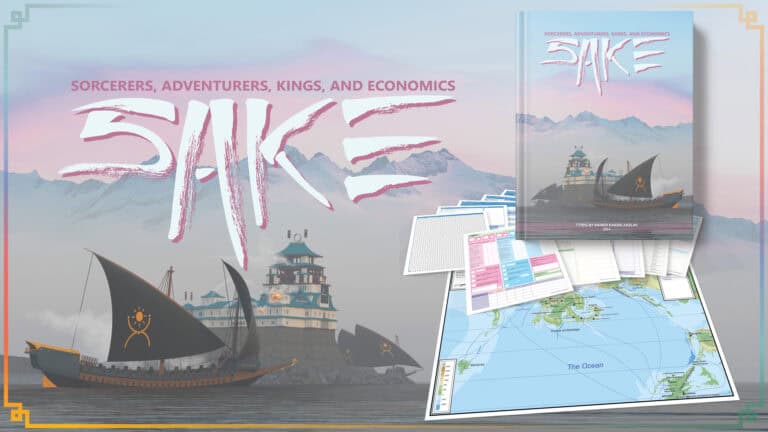 Discover the enchanting world of "Sake," a fantasy-themed book from Seventh Son Publishing, featuring ships with colorful sails and a majestic castle backdrop. With its detailed map and captivating pages, this Kickstarter treasure invites sorcerers, adventurers, kings, and economics into your imagination.
