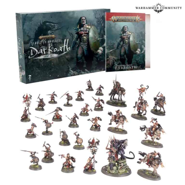 Box set of Warhammer miniatures, titled "Slaves to Darkness Darkoath Marauders," featuring an array of intricately painted figurines, including warriors and creatures from the Old World, along with a book. The display showcases the detailed craftsmanship typical of Warhammer models.