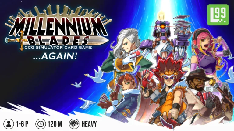 Cover of the board game "Millennium Blades: Again!" showcases animated characters in dynamic poses against a blue, glowing background. Fresh from a successful Kickstarter, it offers gameplay for 1-6 players, lasting 120 minutes with heavy complexity—truly back and better than ever.