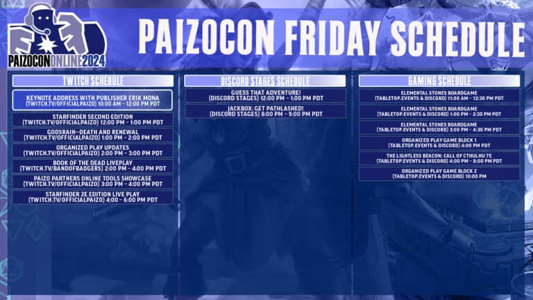 Discover the PaizoCon Friday Schedule, part of PaizoCon Online 2024, featuring Twitch and Discord gaming sessions. Dive into events like 'Starfinder Second Edition,' 'Pathfinder Second Edition Live Play,' and more. Check out the event schedule for all times in PDT.