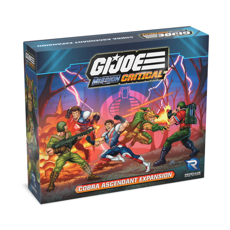 The box cover for "G.I. JOE Mission Critical: Cobra Ascendant Expansion" showcases cartoon-style heroes engaging in a high-octane battle with weapons and explosive action, all set against the striking backdrop of a looming Cobra insignia.