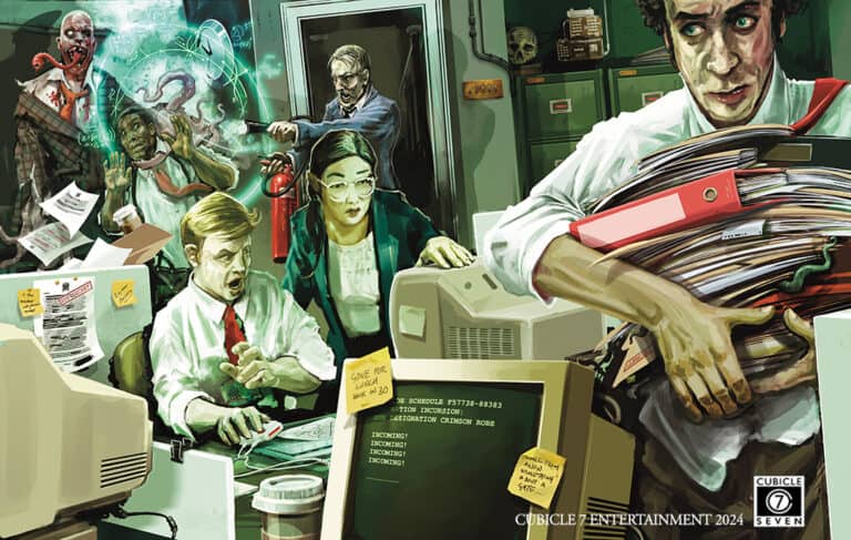 In a chaotic office scene, reminiscent of a Cubicle 7 Games story, people and zombies mingle. A man frantically types at a computer, while a woman is startled and another clutches folders. From the background, zombies emerge—a Kickstarter Campaign for survival—with one wielding a fire extinguisher.