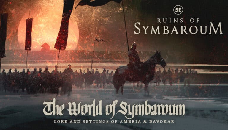 A dramatic scene unfolds with a silhouetted rider on horseback against a fiery sunset, surrounded by a crowd. The text overlays read "Ruins of Symbaroum" and "The World of Symbaroum: Lore and Settings of Ambria & Davokar," showcasing Free League Publishing's captivating 5E expansions.