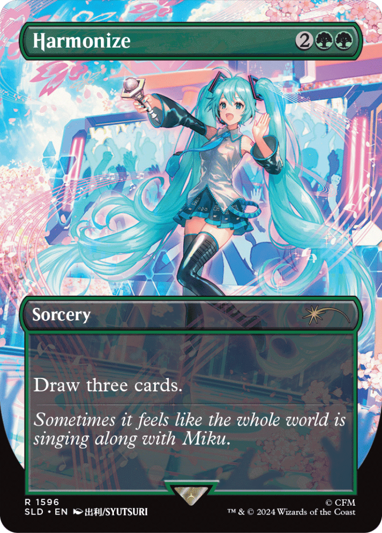 A fantasy-themed trading card titled "Harmonize" brings a touch of Magic: The Gathering with an animated character, reminiscent of Hatsune Miku, wearing a futuristic outfit and singing energetically on stage. The green-colored sorcery card costs two colorless and two green mana. Text: "Draw three cards.