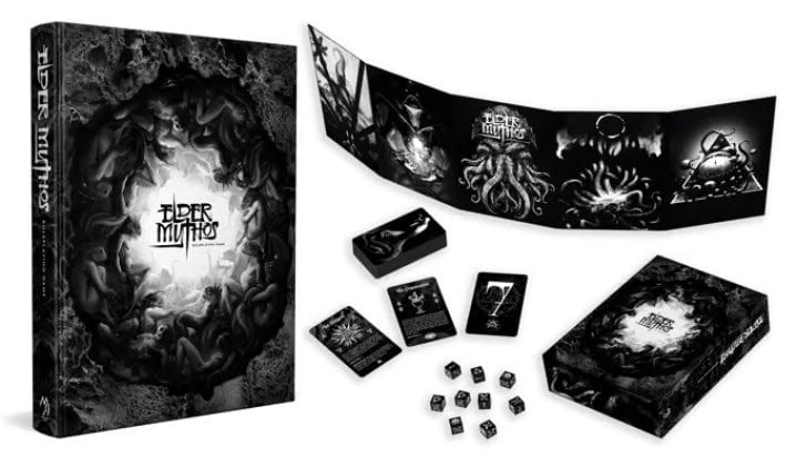 A dark-themed tabletop RPG titled "Elder Mythos" invites players into a world of cosmic horror. The image showcases a rulebook, black dice, cards, and a game screen featuring eerie, tentacled creatures, capturing an aesthetic that is profoundly mysterious and Lovecraftian.
