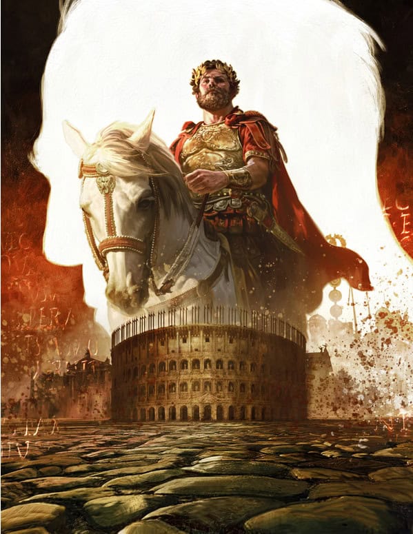 A regal figure in armor and a red cape rides a white horse, emerging from a stylized depiction of an ancient amphitheater. This dynamic tableau sets the stage for the Kickstarter Campaign of Lex Arcana RPG, with dramatic, fiery backdrops and swirling patterns taking center stage.