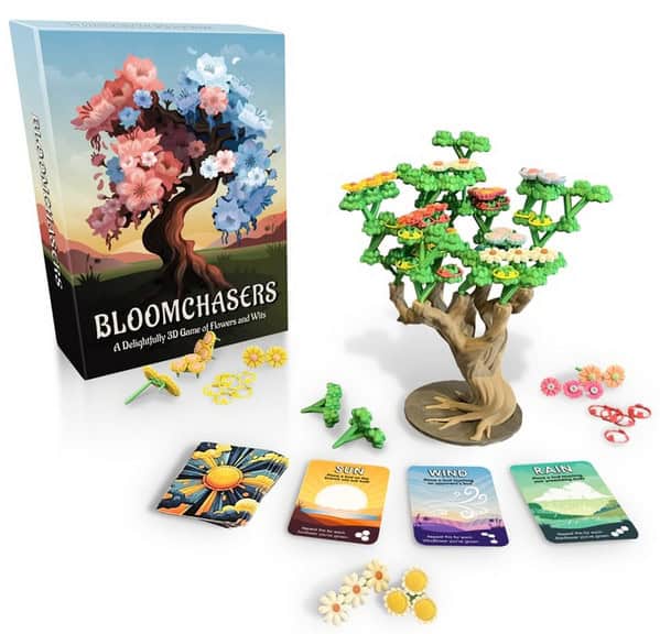 Bloomchasers is a vibrant 3D strategy board game featuring a blooming tree centerpiece. Players use "Sun," "Wind," and "Rain" cards alongside tokens and flower pieces to outmaneuver opponents. Launching soon on Kickstarter, this captivating game promises hours of strategic fun.