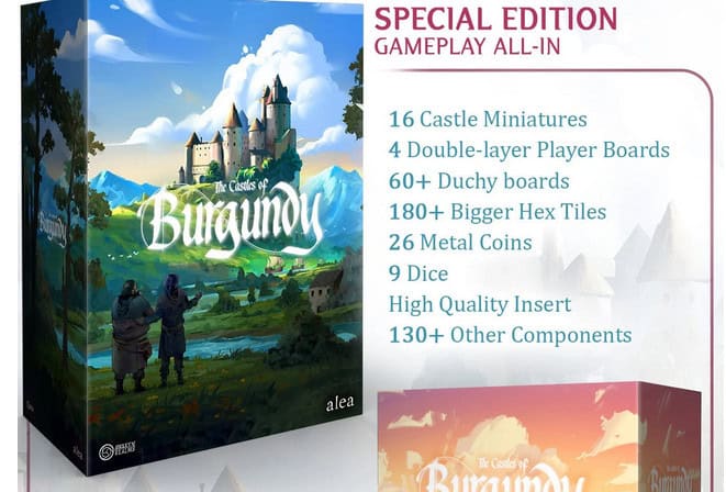 The box cover of "The Castles of Burgundy: Special Edition Reprint" showcases a scenic landscape with a castle, two figures, and highlights premium game components like miniatures, player boards, and dice. This edition epitomizes the exceptional quality Awaken Realms is renowned for.