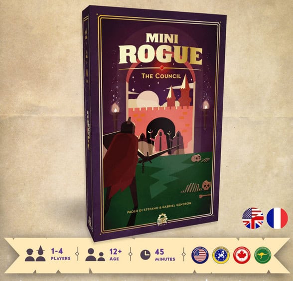 The board game box, "Mini Rogue: The Council," features a medieval knight before a grand castle. Designed for 1-4 players ages 12+, it offers a swift 45-minute adventure. This Season 2 release, backed by Kickstarter success, includes language options from the UK, France, Canada, and Italy.