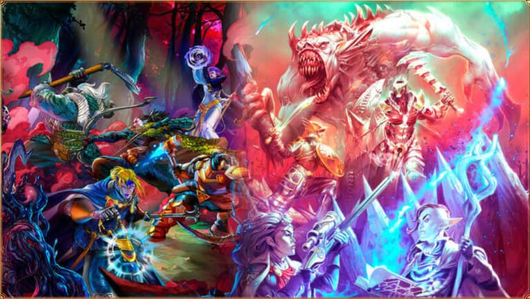 In the Warcrow Universe, a vibrant fantasy battle unfolds with warriors and magical creatures. On the left, Corvus Belli characters wield weapons and magic. On the right, monstrous enemies, including a large beast, appear menacing. The setting is a surreal, colorful forest.