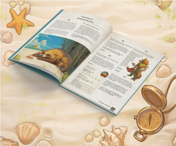 An open book with illustrations of a bear talking to a crab on a beach. The background is the sandy shores of Oki Island, scattered with seashells, starfish, and a compass—hinting at a swashbuckling solo adventure.