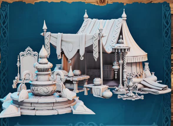 An elaborate medieval-style tent setup featuring ornate decorations: a grand tent with draped fabric, a fountain, a tall candelabra, rolled rugs, vases, and a framed mirror—all part of the 3D Printable Fantasy Props collection—against a blue background.