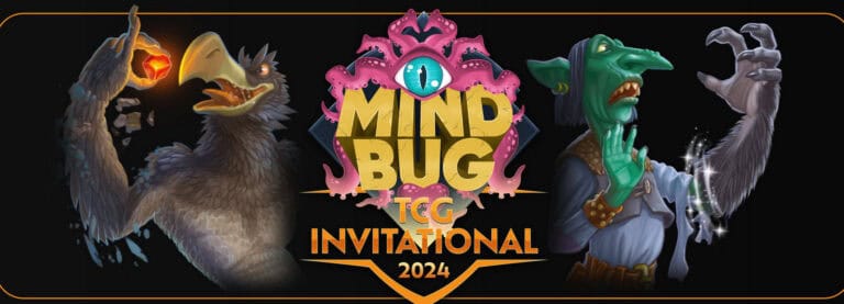 A fantasy-themed banner for the 2024 Mindbug Invitational. It showcases TCG players' dreams with a bird-like creature holding a glowing gem on the left and a goblin-like character casting a spell on the right, framing the event logo majestically at the center.