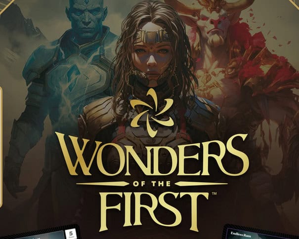 Fantasy-themed illustration featuring three armored characters with mystical elements, hinting at an innovative NFT Project. The text "Wonders of the First" is prominently displayed in the center. Below are partially visible playing cards, suggesting a connection to a physical CCG world.