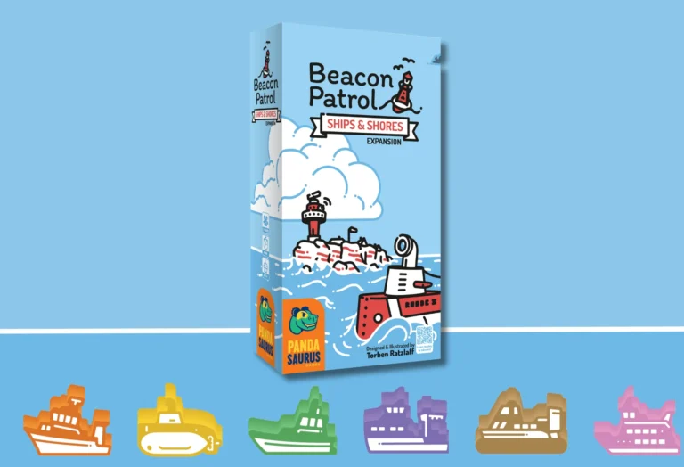 The box cover of the "Beacon Patrol: Ships & Shores" expansion, published by Pandasaurus Games, showcases a whimsical illustration of a lighthouse, boats, and clouds on a blue background. Below are colorful boat icons in orange, yellow, green, purple, and brown.