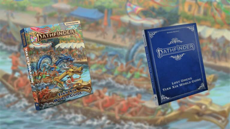 Paizo's new releases, the "Tian Xia World Guide" Special Edition and "Lost Omens Tian Xia World Guide," are showcased against a vibrant backdrop of a festive dragon boat race, capturing the essence of adventure and destiny in Pathfinder RPG.