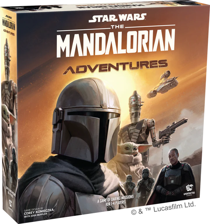 The box cover of the thrilling board game "Star Wars: The Mandalorian Adventures" features a helmeted Mandalorian, Baby Yoda, and various spacecraft in an action-packed scene. The text highlights daring missions for 1-4 players, immersing fans in the iconic Star Wars universe.