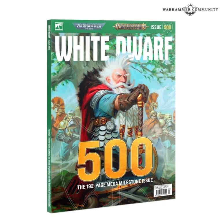 Cover of White Dwarf magazine, issue 500 by Games Workshop. Features an illustrated character with white hair and beard, holding a sword. Background includes warriors and a green landscape. Large gold "500" text at the bottom celebrates this milestone in the world of fantasy and Legions Imperialis.