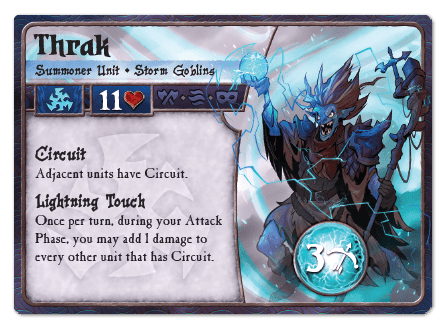 A fantasy card from Summoner Wars, showcasing Thrak, a formidable Storm Goblin summoner unit. With 11 health points and abilities like Circuit and Lightning Touch, this Plaid Hat Games card features an electrified goblin adeptly wielding lightning.