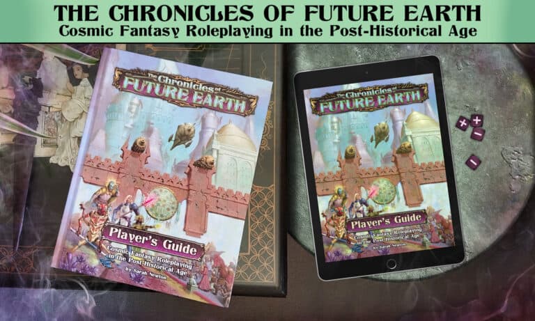 A tabletop RPG book titled "The Chronicles of Future Earth: Player's Guide" rests beside a tablet displaying the same cosmic fantasy epic cover. Dice are scattered across the textured surface, hinting at adventures awaiting discovery in this immersive RPG universe.
