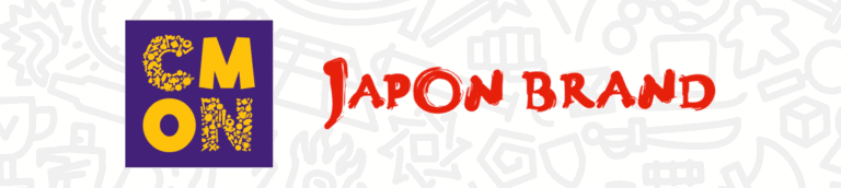 The image showcases two logos symbolizing a business partnership: a purple square with yellow letters "CMON," adorned with small yellow shapes, and red stylized "Japon Brand" text on a patterned backdrop, reflecting their shared passion for Japanese board games.