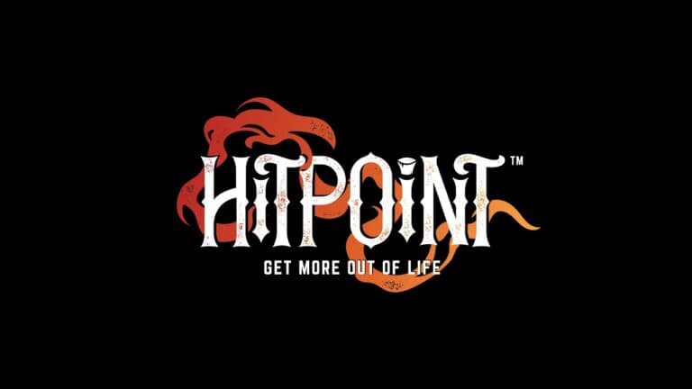 The image showcases "HitPoint" in a bold, stylized font with the tagline "Get More Out of Life" beneath it. A red and orange dragon design accents the text, reminiscent of a multi-purpose card game's mystical allure, all set against a striking black background.