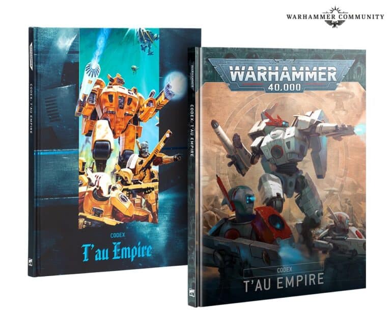 Two new releases from Games Workshop showcase Codex books for Warhammer 40,000's T’au Empire. The covers feature futuristic battle robots and scenes, one with a blue-toned design and the other in earthy brown tones.