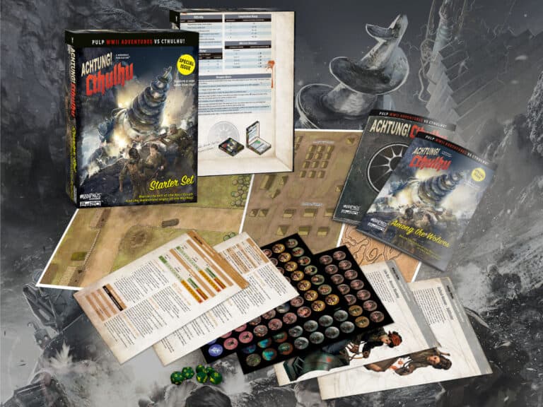 Dive into adventure with the "Achtung! Cthulhu" starter set, available in print and PDF. The image showcases a game box, character sheets, maps, tokens, dice, and rulebooks laid out on a detailed background brimming with ominous mystery.