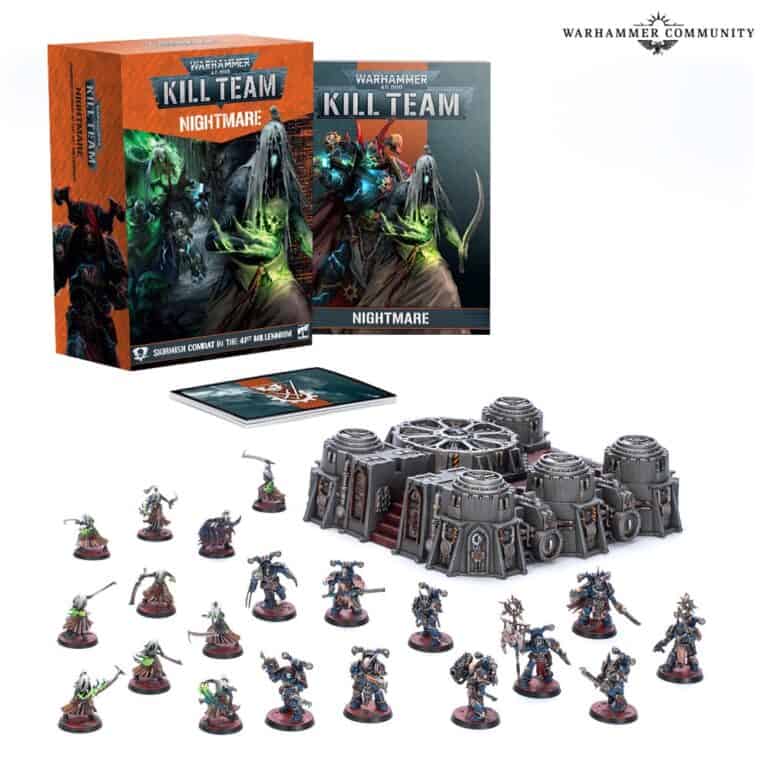 Box set for "Warhammer: Kill Team - Nightmare" by Games Workshop featuring miniature figures, a terrain piece, and game components. The backdrop displays the box art with eerie graphics, setting a scene filled with painted miniatures that'll haunt your gaming table like vivid nightmares.