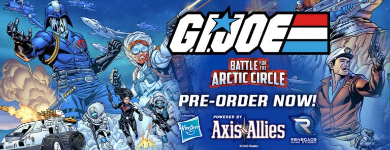 Comic-style poster for "G.I. Joe: Battle for the Arctic Circle." Features G.I. Joe and Transformers in action-packed scenes with winter gear, vehicles, and aircraft. Includes logos for Hasbro, Axis & Allies, and Renegade Game Studios. Text: "Pre-Order Now!