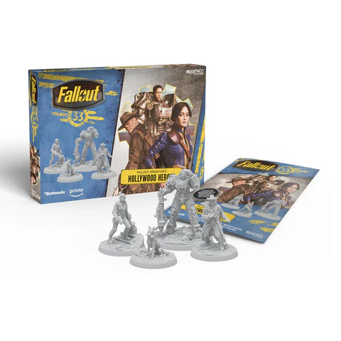 Image of a Fallout 3 game box set titled "Hollywood Heroes" with four gray figurines in various poses in front. The box, perfect for Fallout fans, showcases characters in adventurous attire, and an informational sheet lies beside them—a true gem for any Modiphius enthusiast on a Fallout Friday.