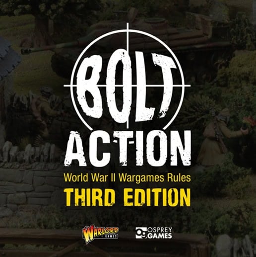 Cover of "Bolt Action: World War II Wargames Rules Third Edition" featuring a bullseye design with miniature wargame scenery, including military figures and terrain. Released in September, the logos of Warlord Games and Osprey Games are displayed at the bottom.